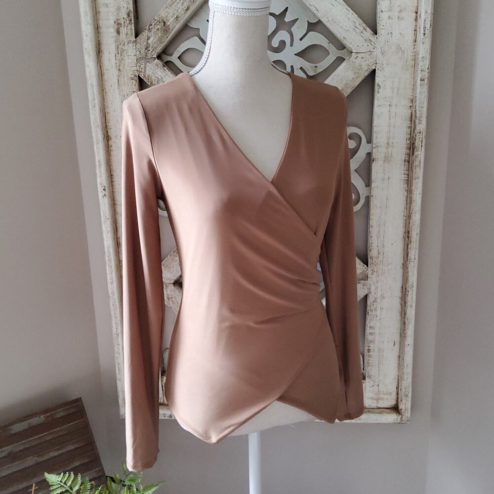 21 Saints Women's Long Sleeve Faux Wrap Surplice Top in Camel Tan Large